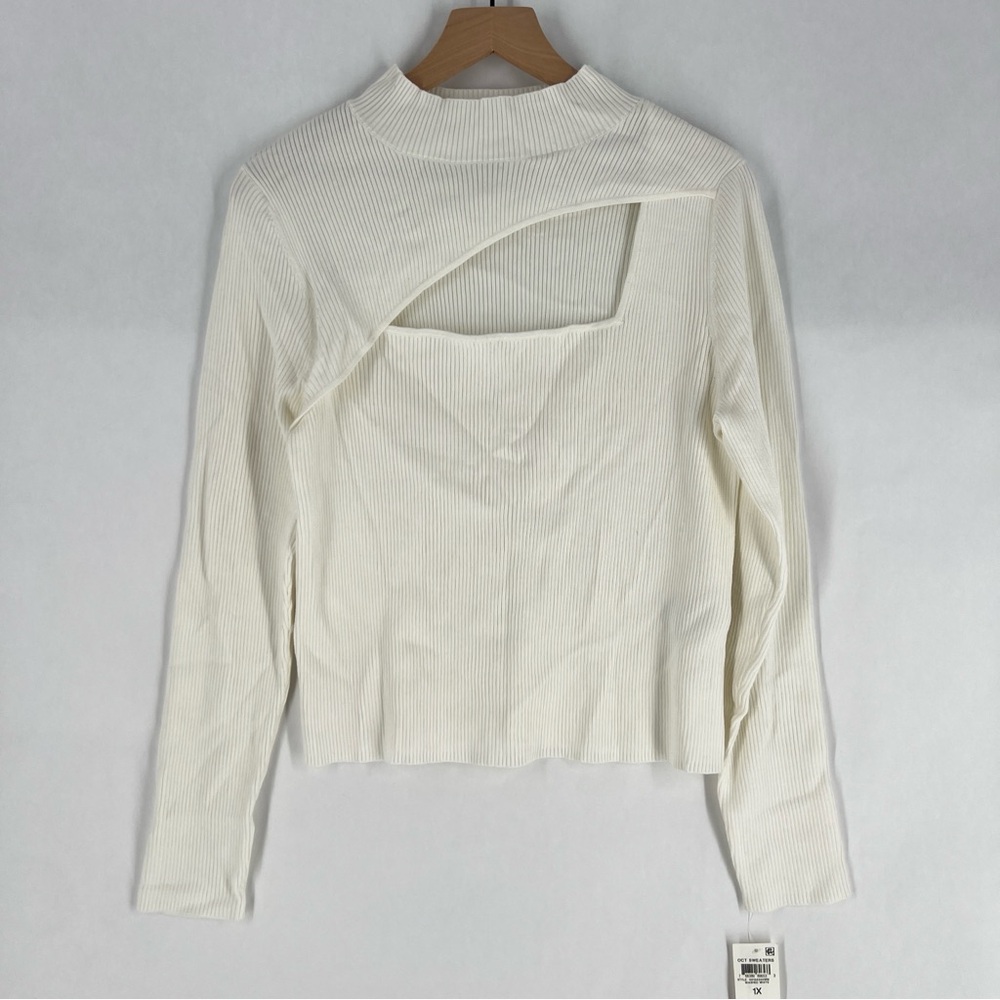 Bar III Womens Size 1X White‎ Ribbed Cut-Out Long Sleeve Mock Neck Sweater Top